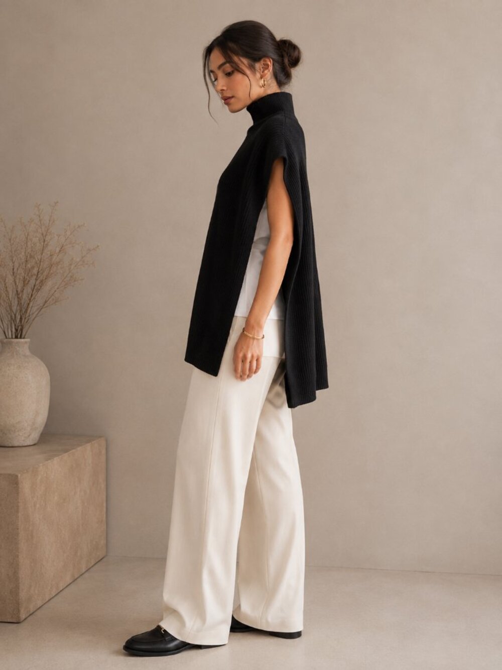 WithBlack Simona Rib Knit Cashmere Blend Poncho NWT Size M Black High Neck - Picture 2 of 9
